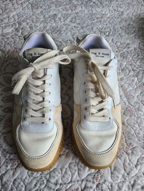 rag & bone White and Beige Leather Suede Sneakers